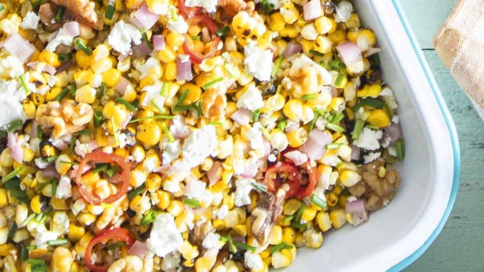 grilled corn salad with feta, walnuts, and shallot