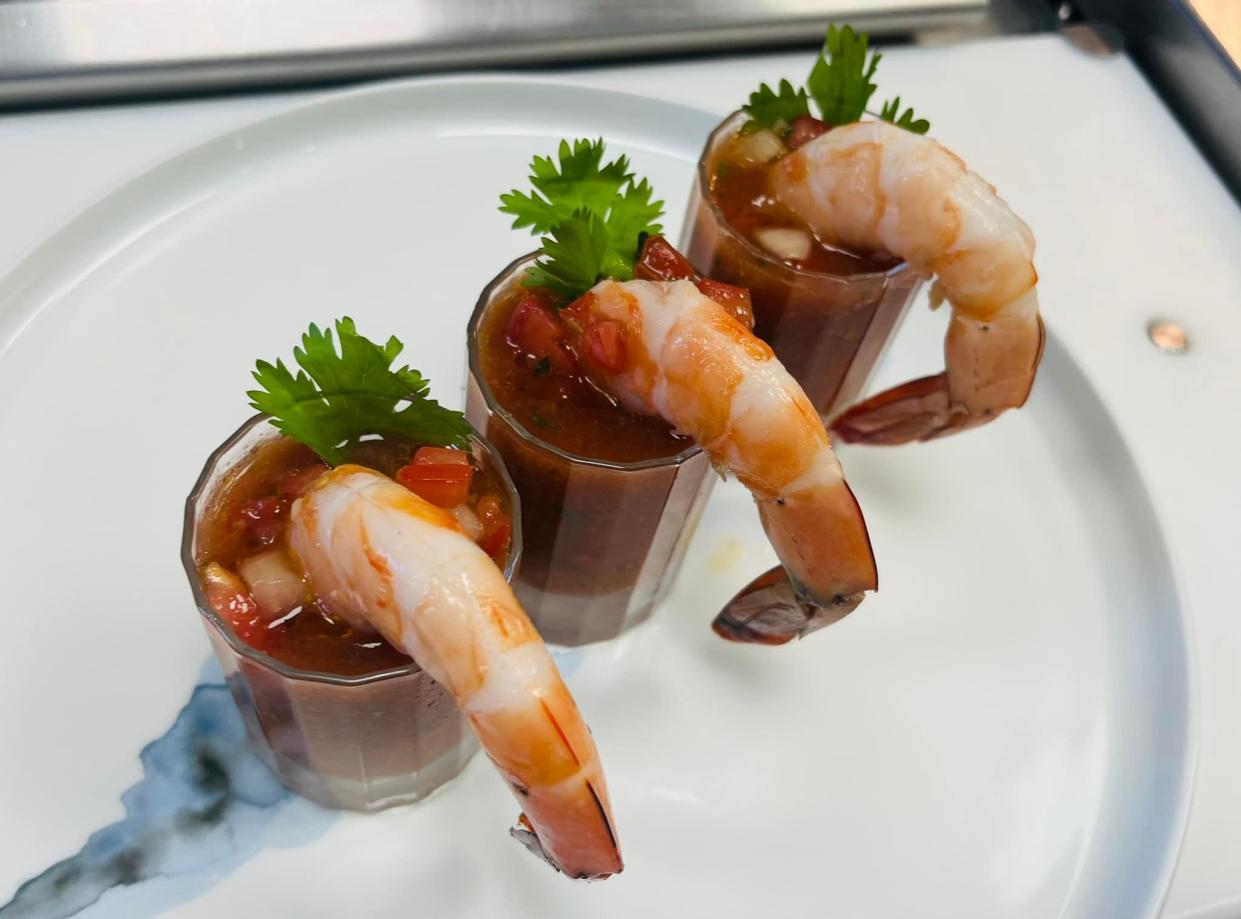 The menu at Blu Ocean Grille in Port St. Lucie features shrimp gazpacho shooters with chilled shrimp cocktail, Spanish soup and cilantro leaf.