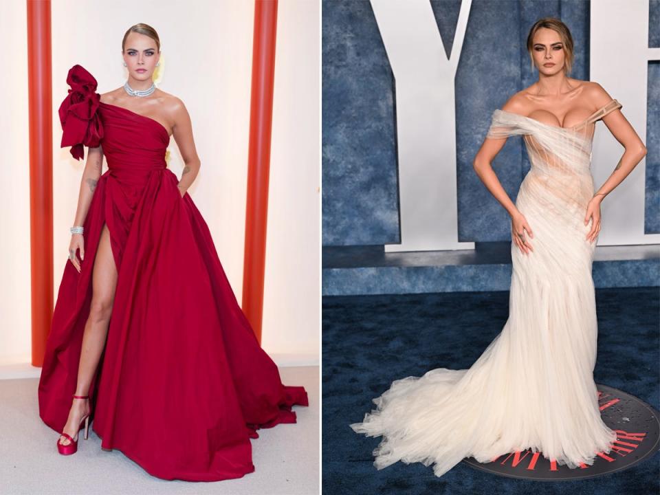 A side-by-side of Cara Delevingne at the Oscars and the Vanity Fair Oscars After Party in 2023.