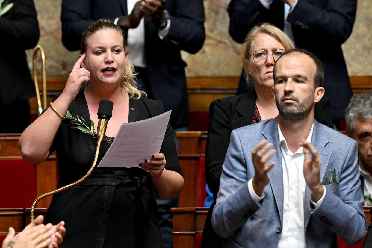 Mathilde Panot et Manuel Bompard, lors de la déclaration du groupe LFI sur la situation en Israël le 10 octobre.