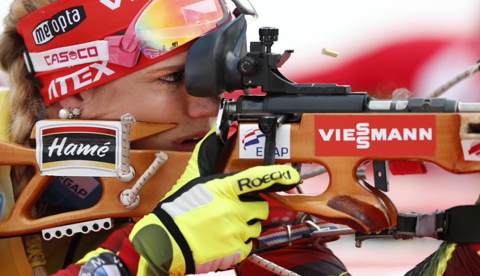 Gabriela Soukalova of Czech Republic shoots during the women's Pursuit 10 km competition at the Biathlon World Cup in Ruhpolding, Germany, Sunday, Jan, 12, 2014. (AP Photo/Matthias Schrader)