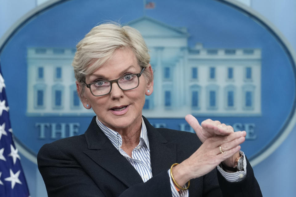 FILE - Energy Secretary Jennifer Granholm speaks during the daily briefing at the White House in Washington, Jan. 23, 2023. The Biden administration is delaying consideration of new natural gas export terminals in the United States, even as gas shipments to Europe and Asia have soared since Russia’s invasion of Ukraine. (AP Photo/Susan Walsh, File)