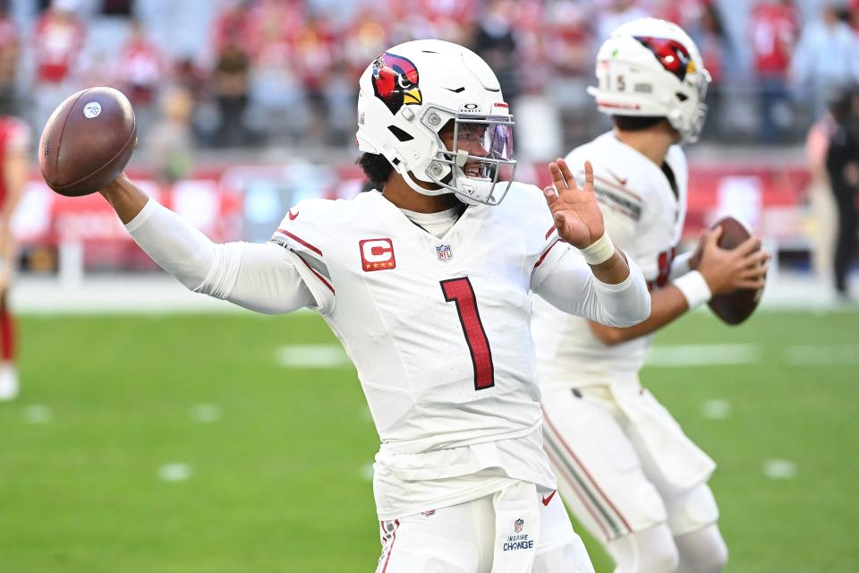 Kyler Murray #1 of the Arizona Cardinals warms up prior to a game against the San Francisco 49ers at State Farm Stadium on Dec. 17, 2023, in Glendale, Arizona.