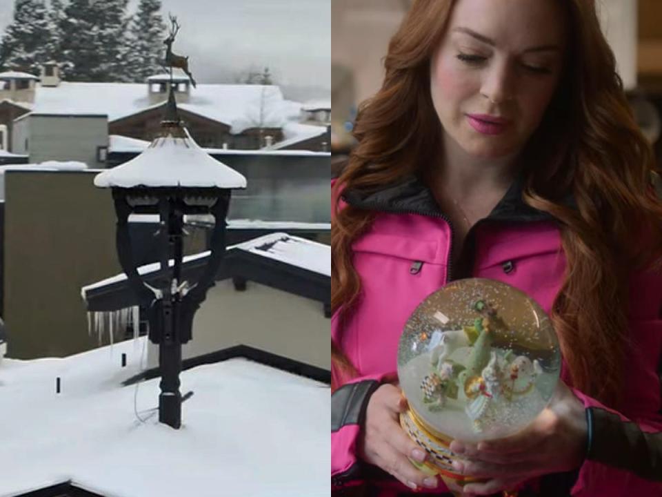 the roof of the belmont hotel with a reindeer and sierra holding a reindeer snow globe in falling for christmas