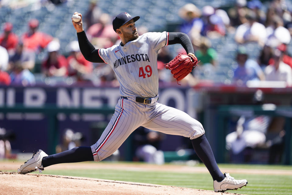 Minnesota Twins starting pitcher Pablo Lopez throws during the first inning of a baseball game against the Los Angeles Angels, Sunday, April 28, 2024, in Anaheim, Calif. (AP Photo/Ryan Sun)