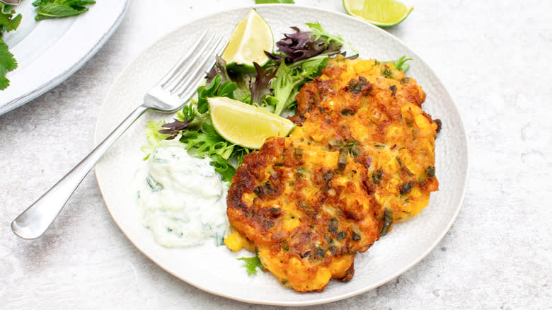 corn and jalapeño fritters on plate