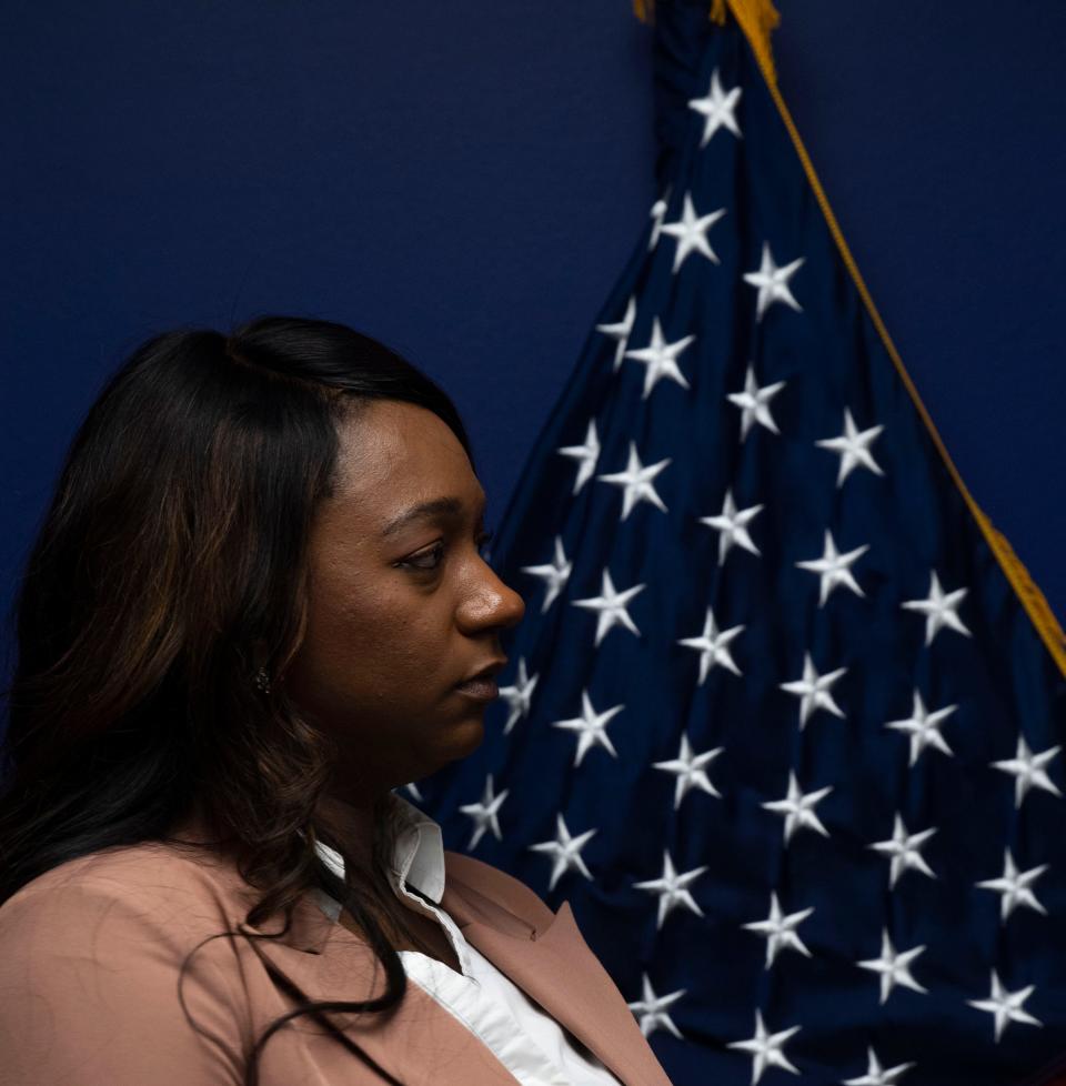 Sen. London Lamar D- Memphis, during a press conference following session at Cordell Hull State Office Building in Nashville , Tenn., Thursday, March 14, 2024.