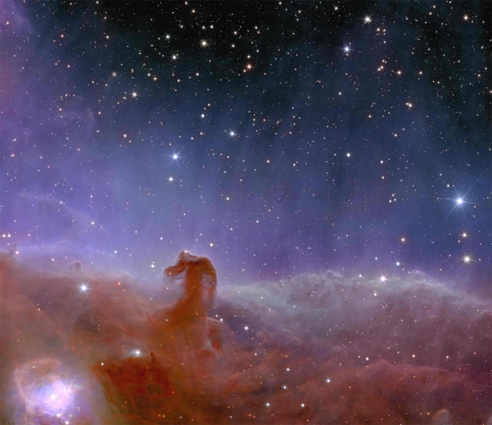 The famous Horsehead nebula, just below the left star in Orion's belt, is the closest giant star-forming region to Earth at a distance of about 1,375 light years. While many telescopes have photographed the Horsehead, none can capture this level of detail in a single one-hour observation. / Credit: ESA