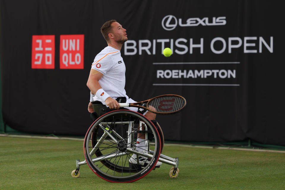 Alfie Hewett in action against Maikel Scheffers at the Lexus British Open Roehampton (Photo by Alex Broadway/Getty Images for LTA)