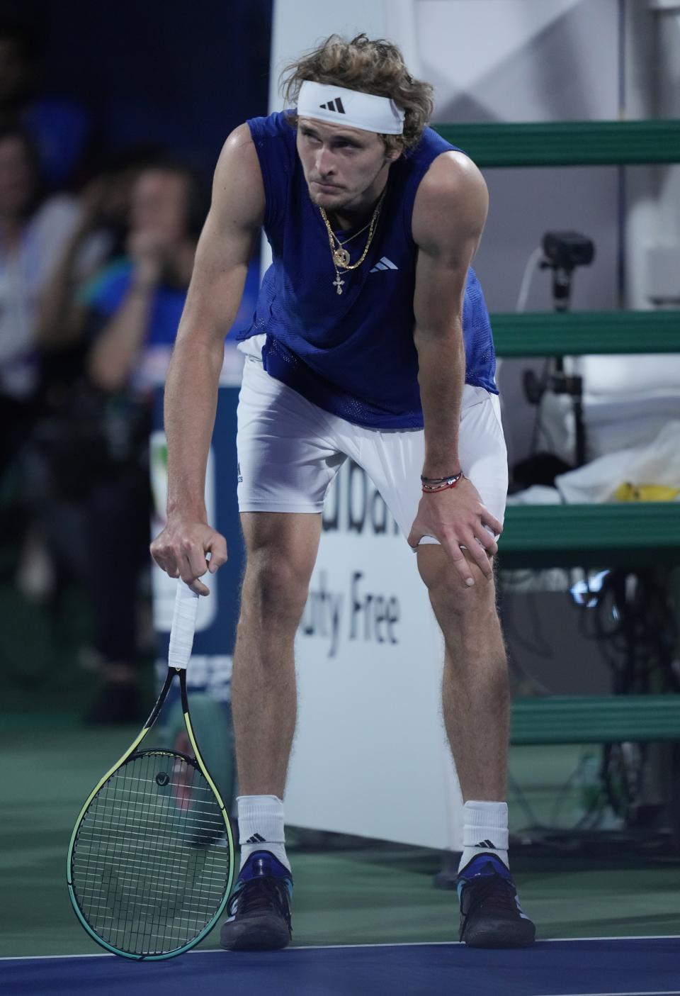 Germany's Alexander Zverev reacts after he lost a point against Andrey Rublev during their semi final match of the Dubai Duty Free Tennis Championships in Dubai, United Arab Emirates, Friday, March 3, 2023. (AP Photo/Kamran Jebreili)