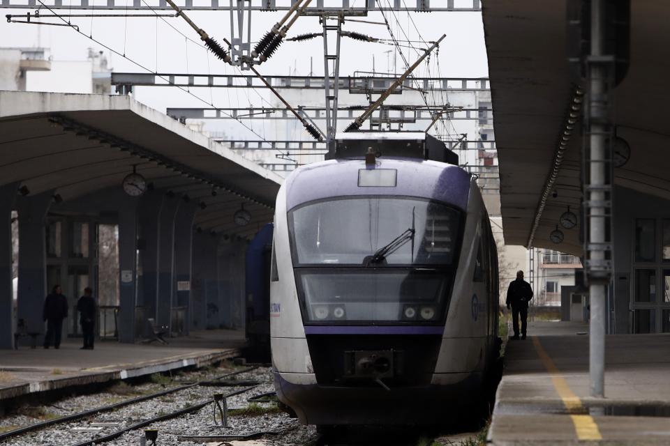 A train remains parked at the station during a strike in the port city of Thessaloniki, northern Greece, Thursday, March 2, 2023. Railway workers' associations called strikes that halted national rail services and the subway in Athens on Thursday, to protest working conditions and what they describe as a lack of modernization of the Greek rail system. (AP Photo/Giannis Papanikos)
