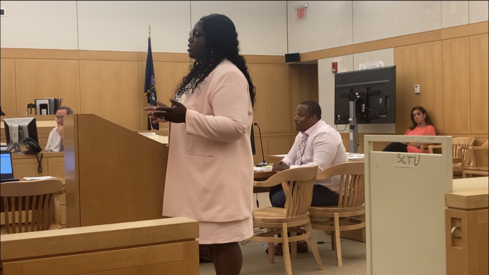 Defense lawyer Christina T. Hall and Carlton Naughton in Westchester County Court on Aug. 2, 2022, during opening statements of Naughton's manslaughter trial in the death of Chinyelu Browne on Aug. 27, 2021 in Mount Vernon