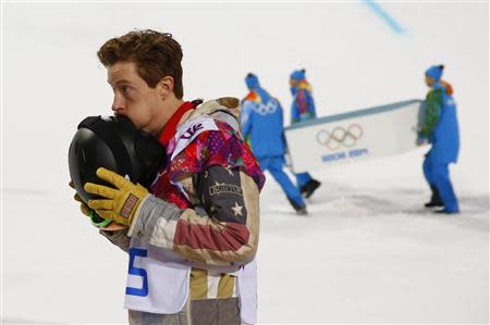 Shaun White of the U.S. reacts after the men's snowboard halfpipe final at the 2014 Sochi Winter Olympic Games, in Rosa Khutor February 11, 2014. REUTERS/Lucas Jackson