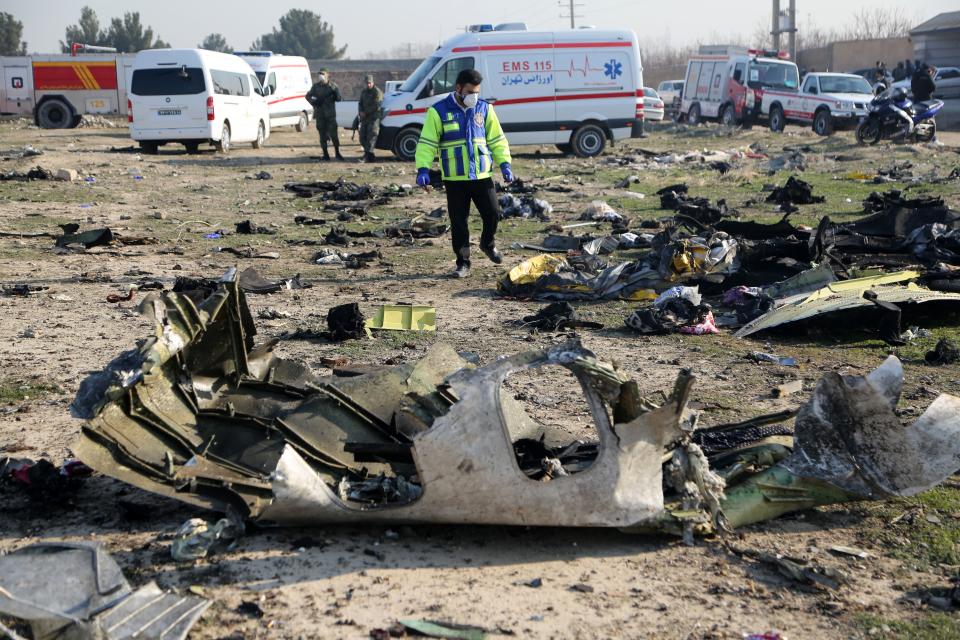 TEHRAN, IRAN - JANUARY 08: Search and rescue works are conducted at site after a Boeing 737 plane belonging to a Ukrainian airline crashed near Imam Khomeini Airport in Iran just after takeoff with 180 passengers on board in Tehran, Iran on January 08, 2020. All 167 passengers and nine crew members on an Ukrainian 737 plane that crashed near Iran's capital Tehran early Wednesday have died, according to a state official.  (Photo by Fatemeh Bahrami/Anadolu Agency via Getty Images)