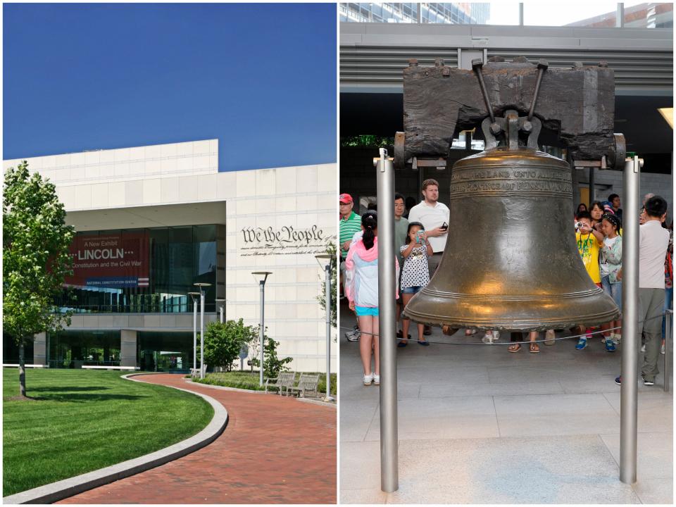 Side by side of the Constitution Center and the Liberty Bell in Philadelphia, PA