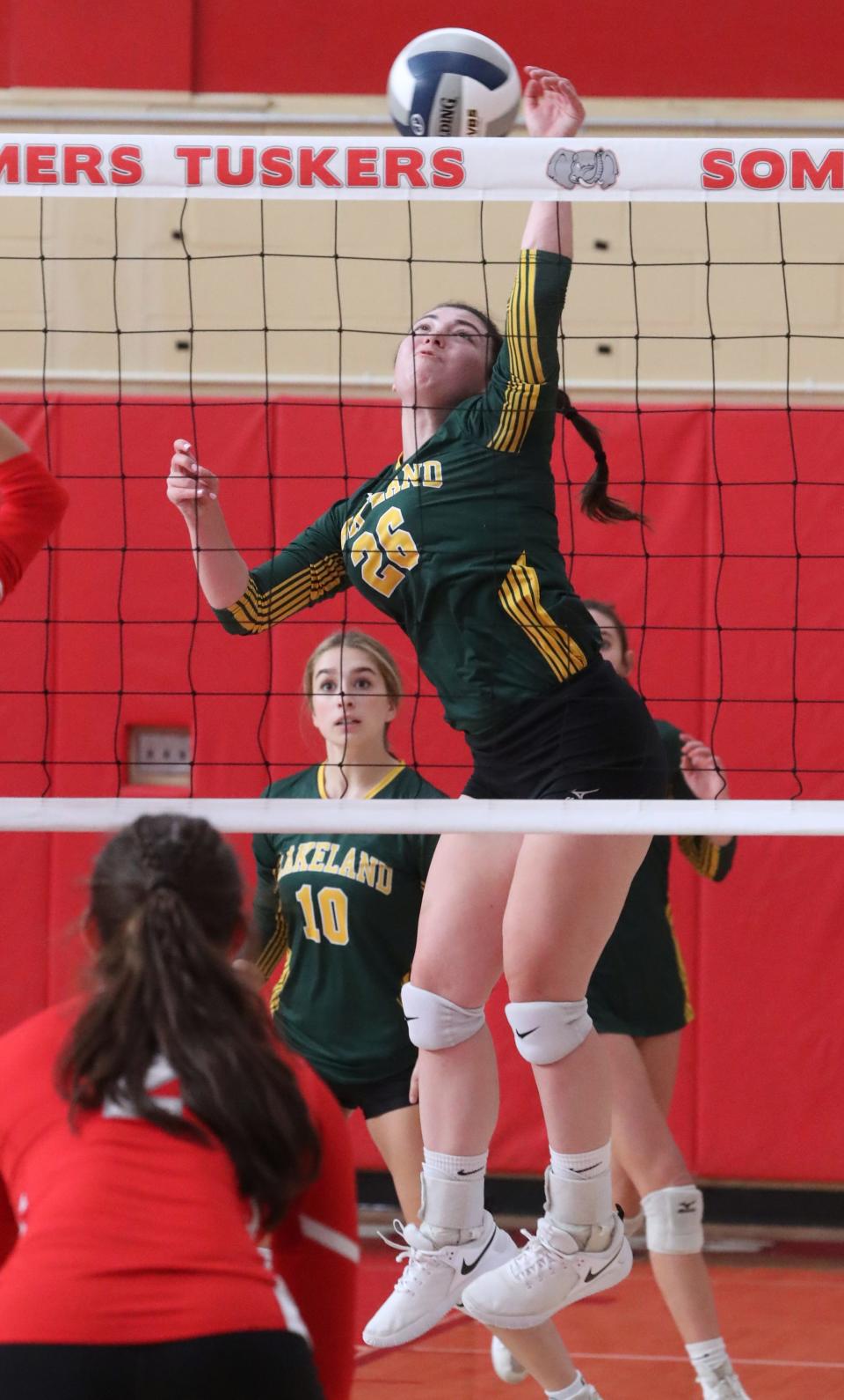 Lakeland's Kayla Jennings spikes the ball during a match at Somers Sept. 28, 2022. Lakeland won 3 sets to 0.