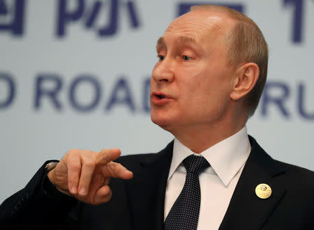 Russian President Vladimir Putin gestures as he speaks during a news conference at the Second Belt and Road Forum for International Cooperation (BRF) in Beijing, China, 27 April 2019. Sergei Ilnitsky/Pool via REUTERS