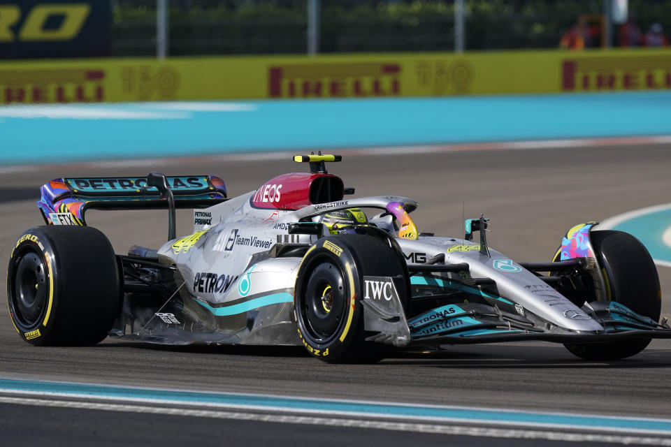 Mercedes driver Lewis Hamilton of Britain drives around the circuit during the second practice session for the Formula One Miami Grand Prix auto race at the Miami International Autodrome, Friday, May 6, 2022, in Miami Gardens, Fla. (AP Photo/Wilfredo Lee)