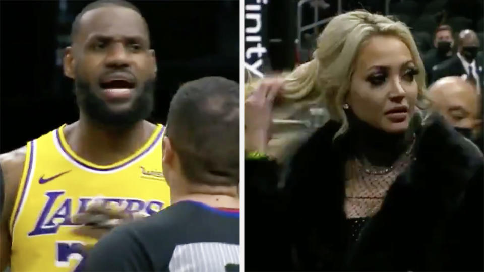 LeBron James was involved in a heated courtside interaction with a group of heckling fans during Tuesday's win against Atlanta. Pictures: Sportscentre/Twitter