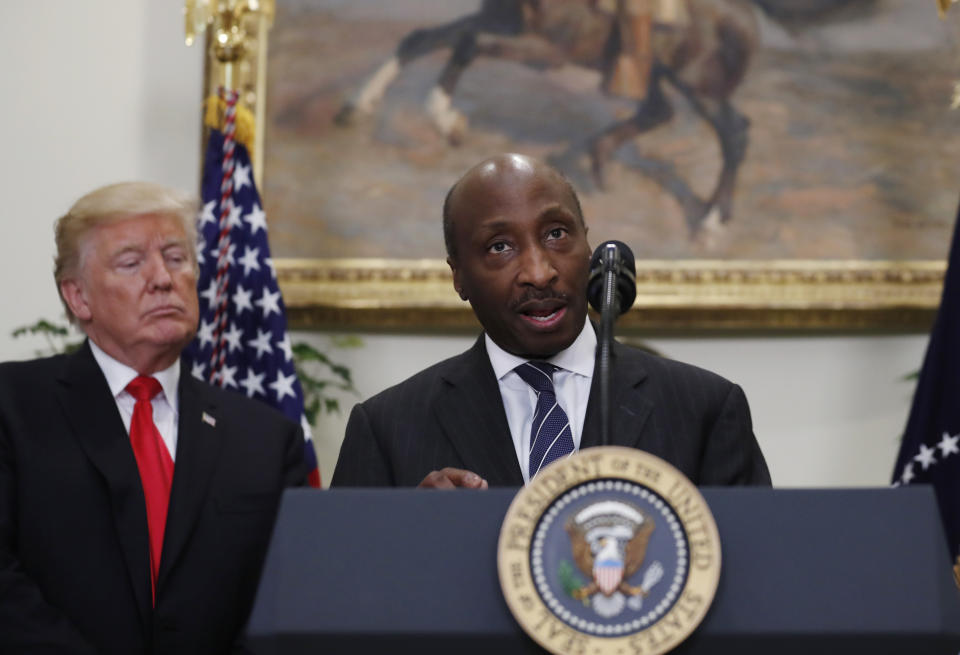 Ken Frazier, chairman and chief executive officer of Merck speaks, with President Donald Trump at left, during an event to announce a Merck, Pfizer, and Corning joint partnership to make glass containers for medication, in the Roosevelt Room of the White House, Thursday, July 20, 2017, in Washington. (AP Photo/Alex Brandon)