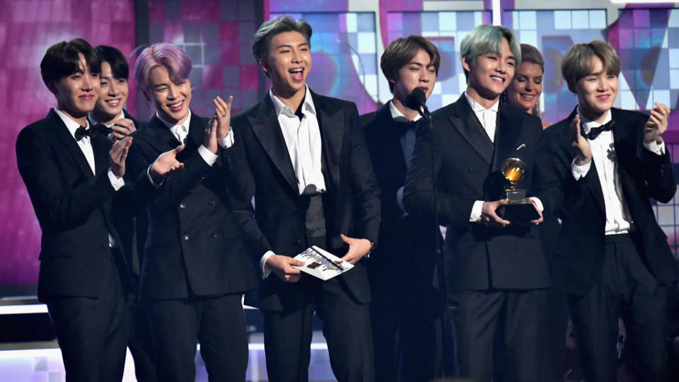 BTS speaks onstage during the 61st Annual GRAMMY Awards at Staples Center on February 10, 2019 in Los Angeles, California. | FilmMagic—2019 Jeff Kravitz