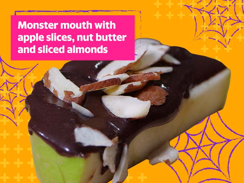 Monster mouth with apple slices, nut butter and sliced almonds