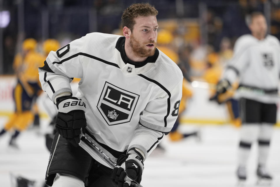 Los Angeles Kings center Pierre-Luc Dubois (80) warms up before the team's NHL hockey game against the Nashville Predators, Wednesday, Jan. 31, 2024, in Nashville, Tenn. (AP Photo/George Walker IV)