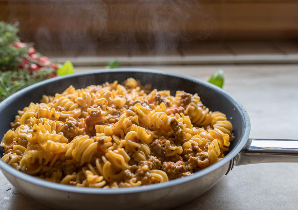 a meat pasta inside a frying pan