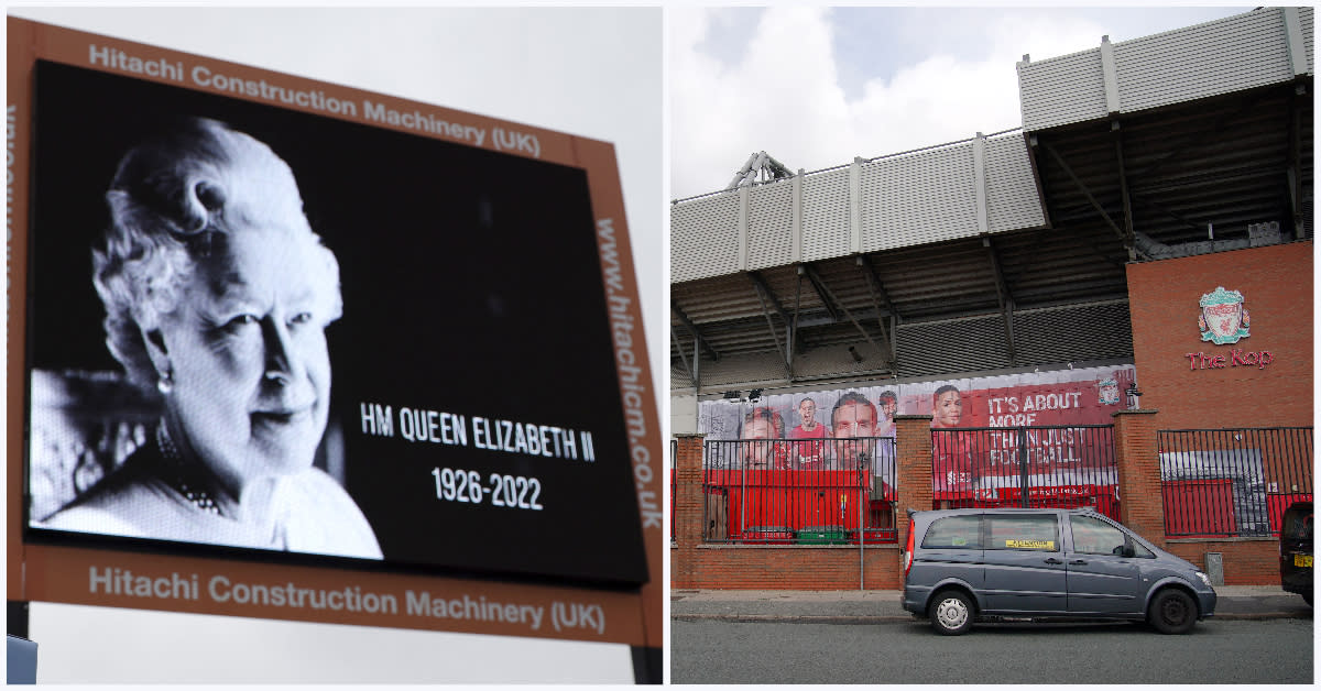 EPL matches, such as the game between Liverpool and Wolves at Anfield (right), were postponed following the passing of Queen Elizabeth II (left). (PHOTOS: Getty Images/Reuters)