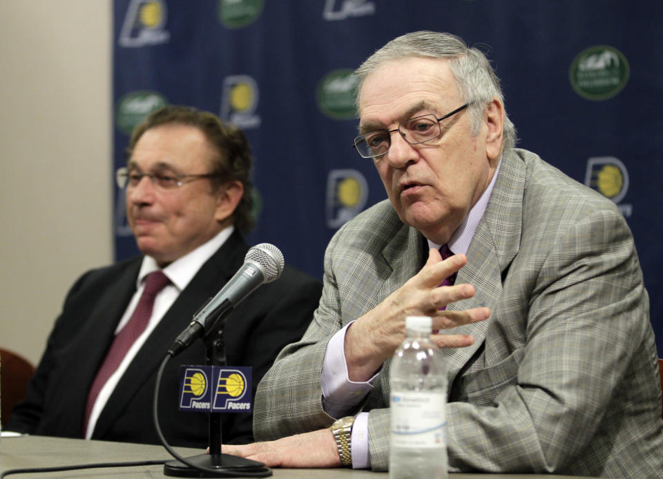 Donnie Walsh, right, gestures during a news conference after being named president of the Indiana Pacers, as owner Herb Simon listens during an announcement by the NBA basketball team in Indianapolis, Wednesday, June 27, 2012. Walsh will replacs Larry Bird as president and Kevin Pritchard was named as general manager. (AP Photo/Michael Conroy)