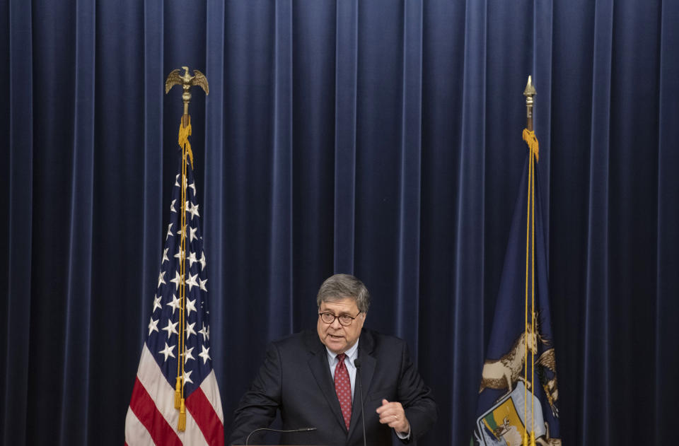 U.S. Attorney General William P. Barr speaks at the Gerald R. Ford Presidential Museum in Grand Rapids, Mich., Thursday, July 16, 2020. The United States has become overly reliant on Chinese goods and services, including face masks, medical gowns and other protective equipment designed to curb the spread of the coronavirus, Attorney General Barr said Thursday. (Nicole Hester/Mlive.com/Ann Arbor News via AP)
