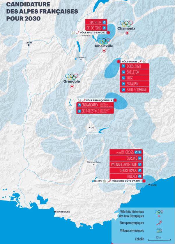 La carte des sites des JO d’hiver 2030 dévoilée par le CNOSF le 7 novembre 2023.