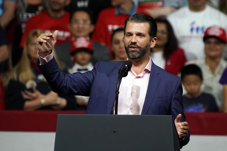 FILE - In this Feb. 19, 2020 file photo Donald Trump Jr. speaks at a rally before his dad and President Donald Trump appears in Phoenix. The Alaska Department of Fish and Game on Monday, Feb. 24, 2020, confirmed that Trump Jr. applied for and received a permit to hunt for a grizzly bear in 2020 in game management units north and east of Nome.(AP Photo/Rick Scuteri,File)