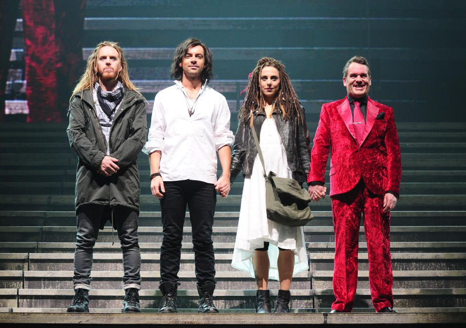 (left - right)Tim Minchin, Ben Forster, Melanie C and Chris Moyles during a dress rehearsal for the new production of Jesus Christ Superstar, at the LH2 centre in London.   (Photo by Ian West/PA Images via Getty Images)