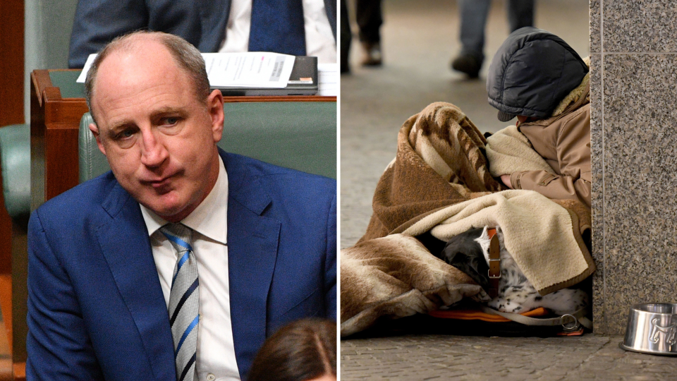 Pictured: Dual image of Community Housing Minister Luke Howarth, and a homeless man sleeping. Images: AAP