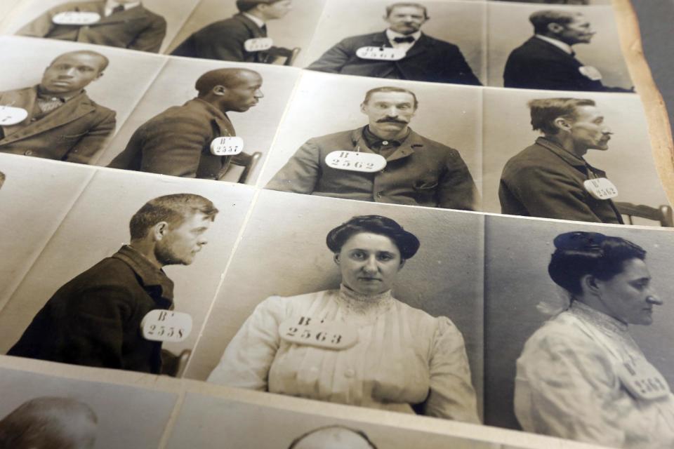 In this Tuesday, March 12, 2013 photo, shown is an excerpt out of the Eastern State Penitentiary 1904-1906 mug shot book in Philadelphia. The defunct and decayed prison that serves as one of Philadelphia's quirkiest tourist attractions, plans to displaying dozens of never-before-seen artifacts for 10 days only in a "pop-up museum." (AP Photo/Matt Rourke)