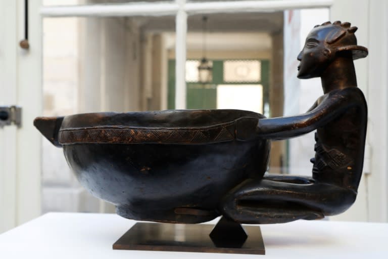 A Luba bowl from the Republic of Congo at a gallery during the Parcours des Mondes fair in Paris. Dealers worry that calls for restitution will discourage prospective collectors