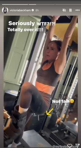 <p>Victoria Beckham/Instagram</p> Victoria Beckham shares video of her ab workout while wearing an orthopedic boot