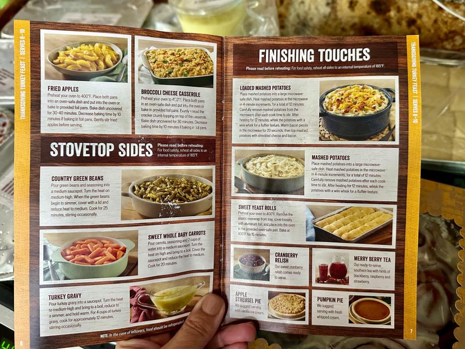 Cracker Barrel Thanksgiving dinner reheating instruction booklet with photos of each dish