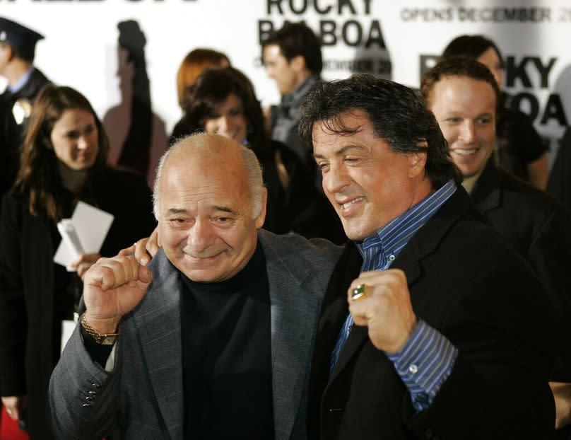 Sylvester Stallone, right, star of the movie &quot;Rocky Balboa,&quot; and cast member, Burt Young, are seen before a premiere of the film in Philadelphia, Monday, Dec. 18, 2006.