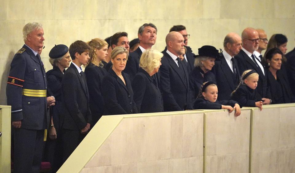 Viscount Severn, Lady Louise Windsor, the Countess of Wessex, Jack Brooksbank, Camilla, the Queen Consort, Vice Admiral Sir Tim Laurence, Zara Tindall, Mike Tindall, the Duke of Kent, Mia and Lena Tindall, the Duchess of Gloucester, and the Earl and Countess of St Andrews