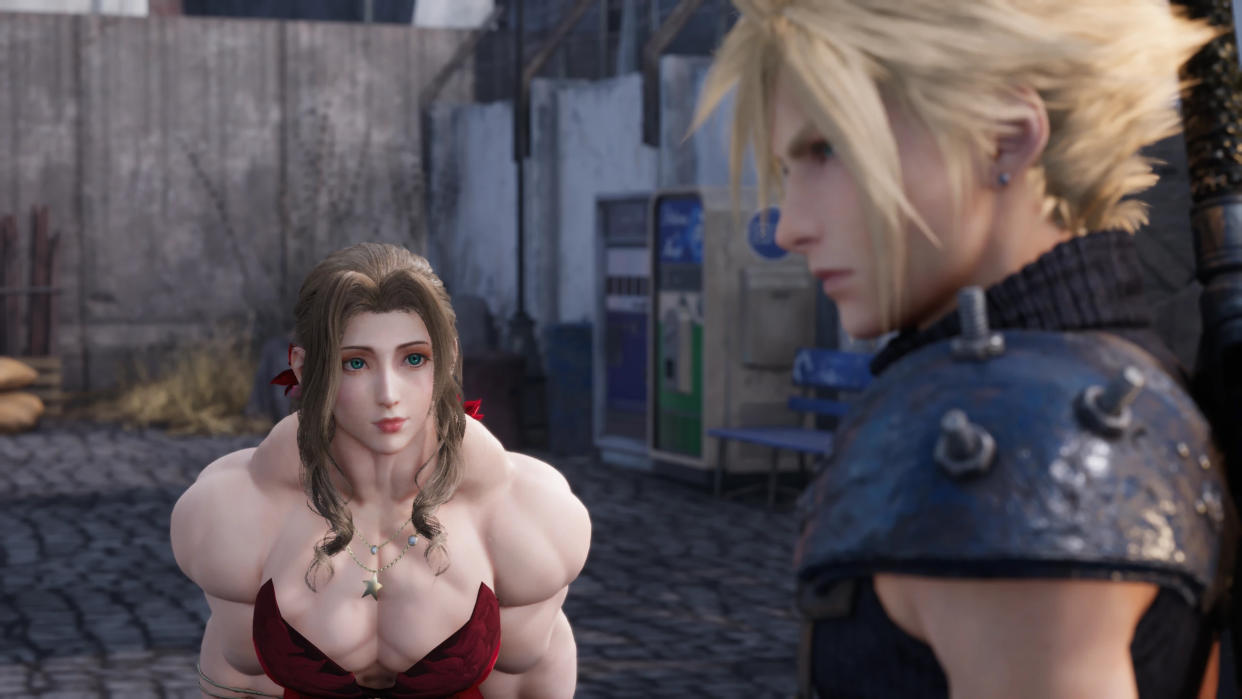  A positively swole Aerith harangues Cloud in a screenshot of a modded version of Final Fantasy 7 Remake. 