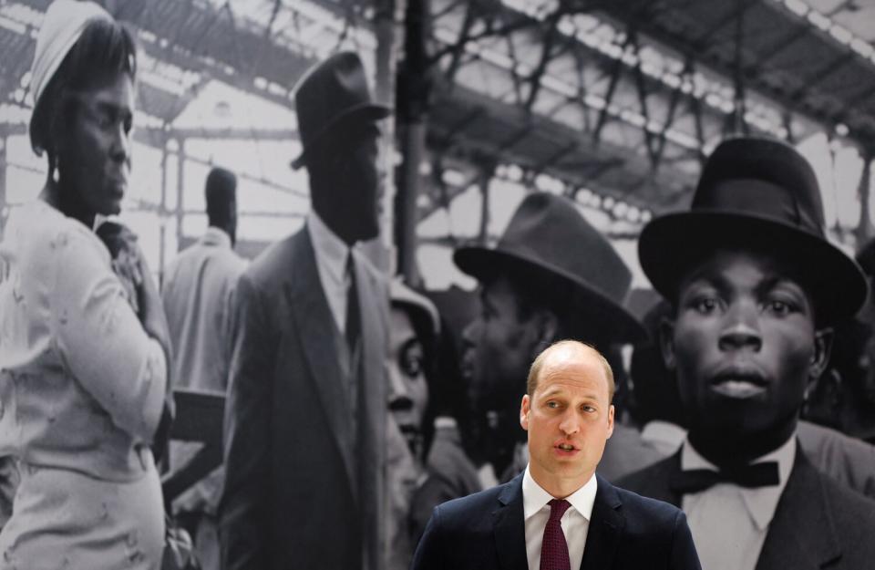 Prince William, Duke of Cambridge speaks during the unveiling of the National Windrush Monument at Waterloo Station