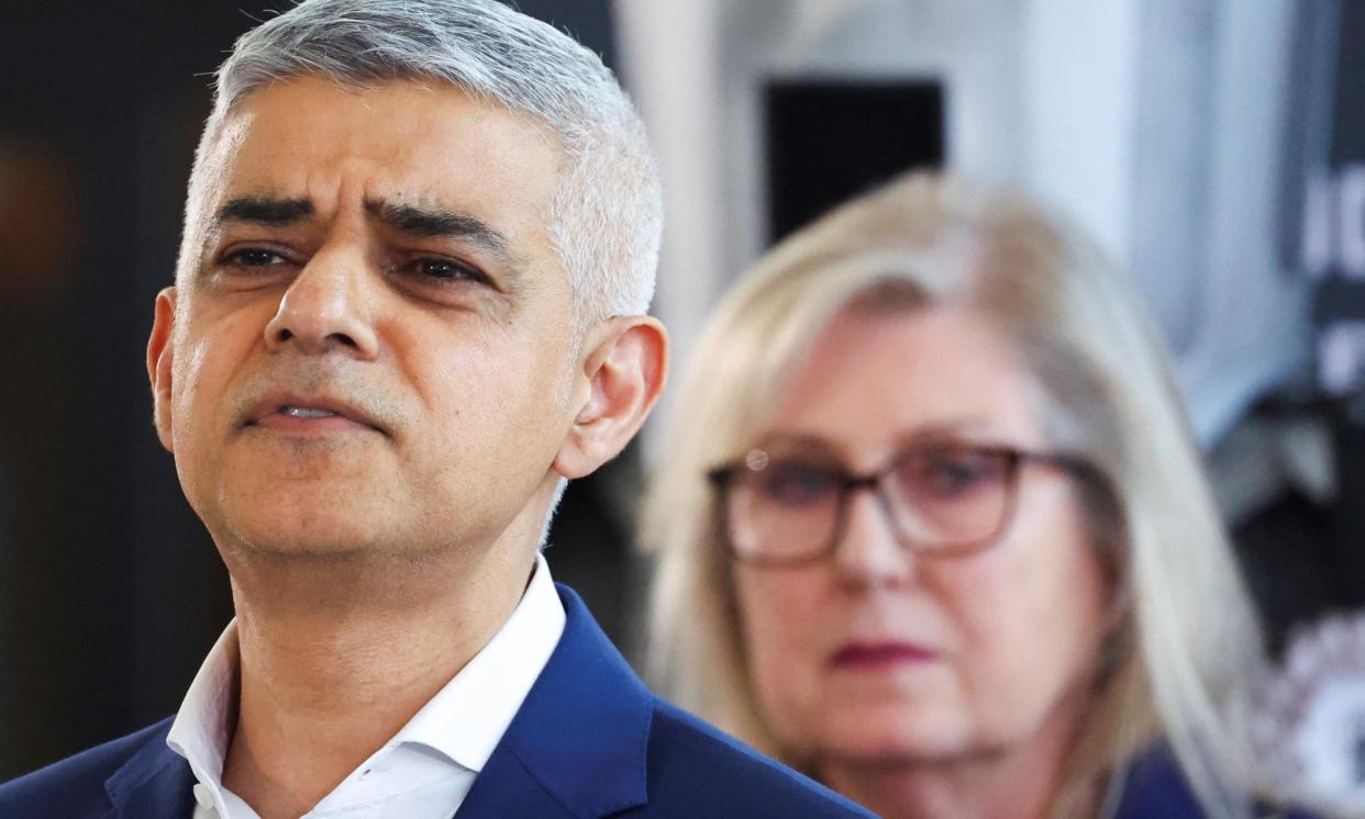 <span>Sadiq Khan, Labour’s re-elected mayor of London, speaks next to the Conservative candidate, Susan Hall, as results of the mayoral election are declared.</span><span>Photograph: Toby Melville/Reuters</span>