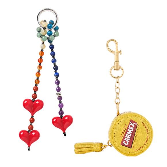 Big Chakra Energy gemstone charm, £90, String Ting and Leather Carmex coin purse, £225, Anya Hindmarch