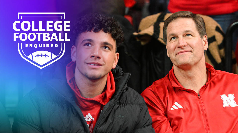 Athletic Director Trev Alberts sits with  Dylan Raiola at a Nebraska basketball game
(Photo by Steven Branscombe/Getty Images)
