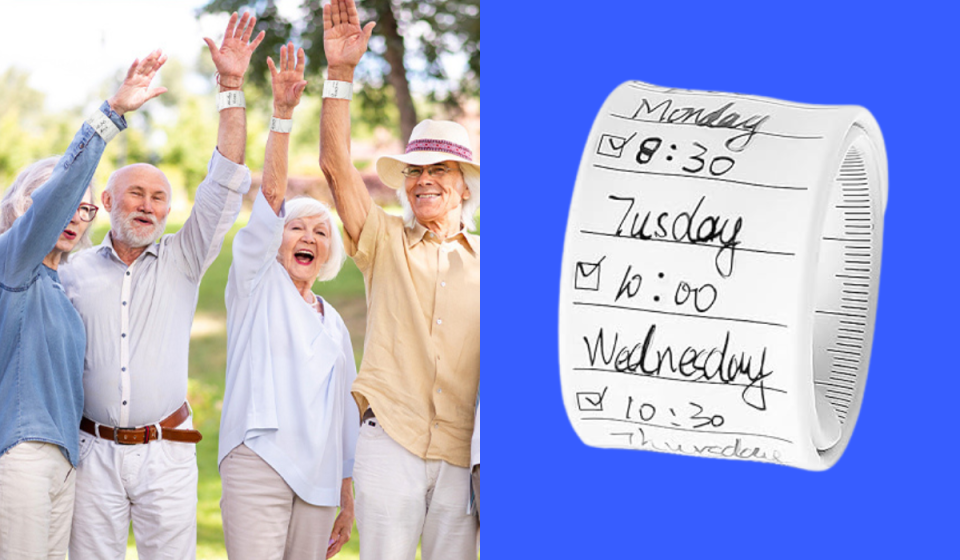 a group of people wearing the memo bracelet / the memo bracelet with a to-do list written on it