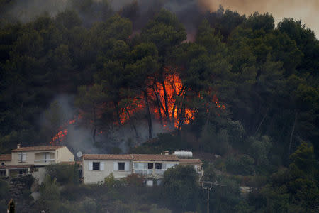 Flames from a burning wildfire are see near homes in Carros, near Nice, France, July 24, 2017. REUTERS/Eric Gaillard