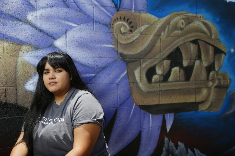 Michelle Ruiz, who started the student-led movement to get police out of schools in the Phoenix Union High School District, shown here at the Puente offices Thursday, June 18, 2020, in Phoenix. School districts around the country are voting to eliminate police from public schools. But this isn’t a sudden reaction to the killing of George Floyd in Minneapolis, but to a years-long movement led by students who say they feel unsafe with police on campus.(AP Photo/Ross D. Franklin)