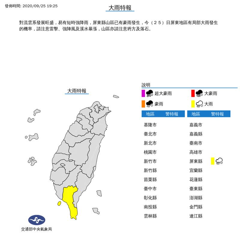 屏東入夜大雨仍持續。（圖／氣象局）